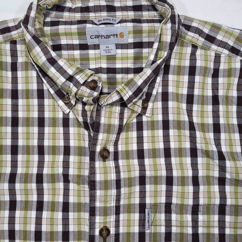 Carhartt Men's XL Relaxed Fit Short Sleeve Brown Green Check Button Shirt